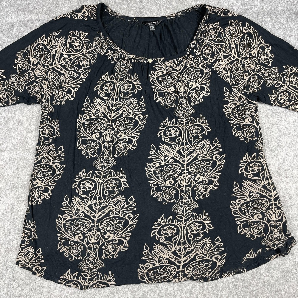 Lucky Brand Shirt Womens 2X Black Cream Floral Boho Scoop Neck Short Sleeve Top